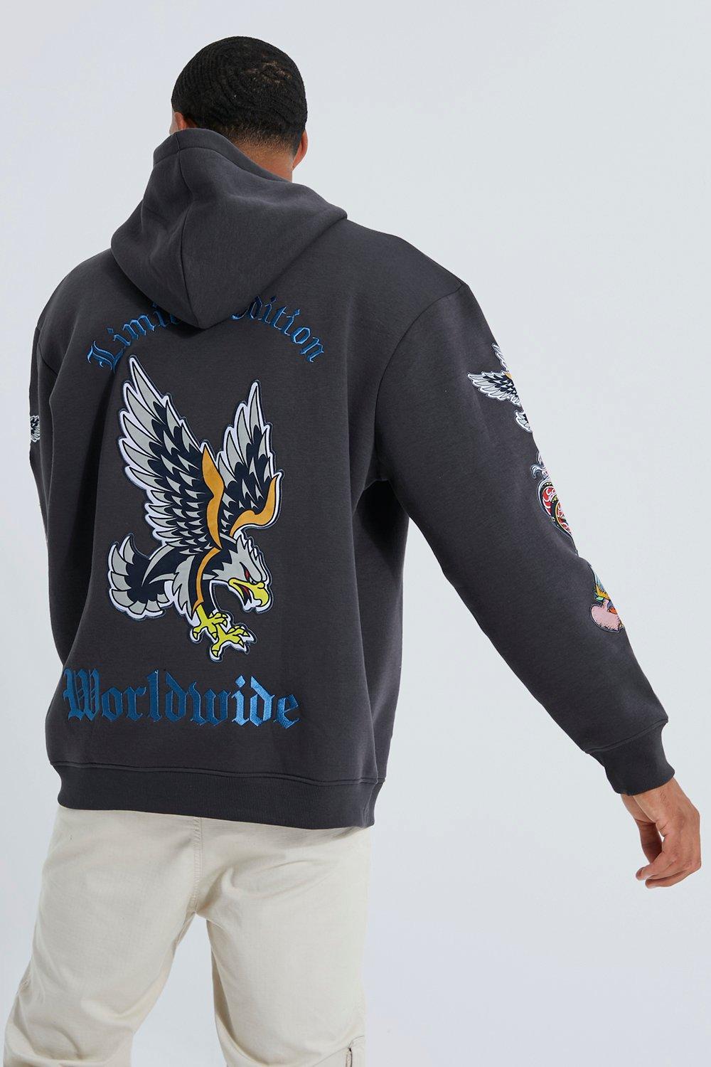 Tall Loose Fit Eagle Applique Hoodie | boohooMAN